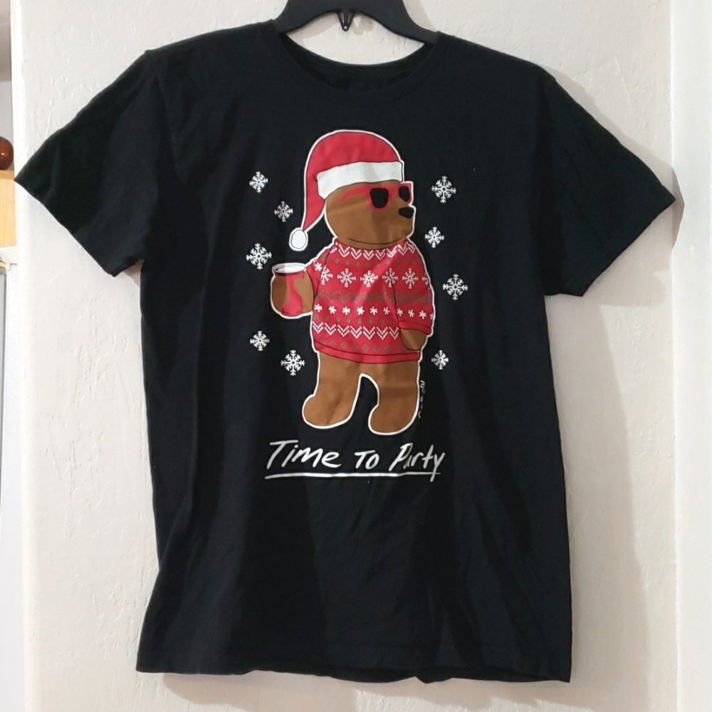 Riot Society Christmas Bear Black Short Sleeve Top Large